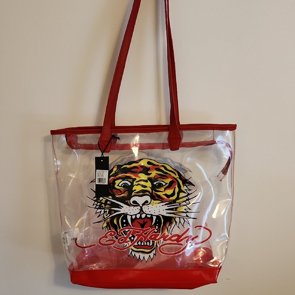 Ed Hardy Transparent Tote with Red Leather Handles And Accents